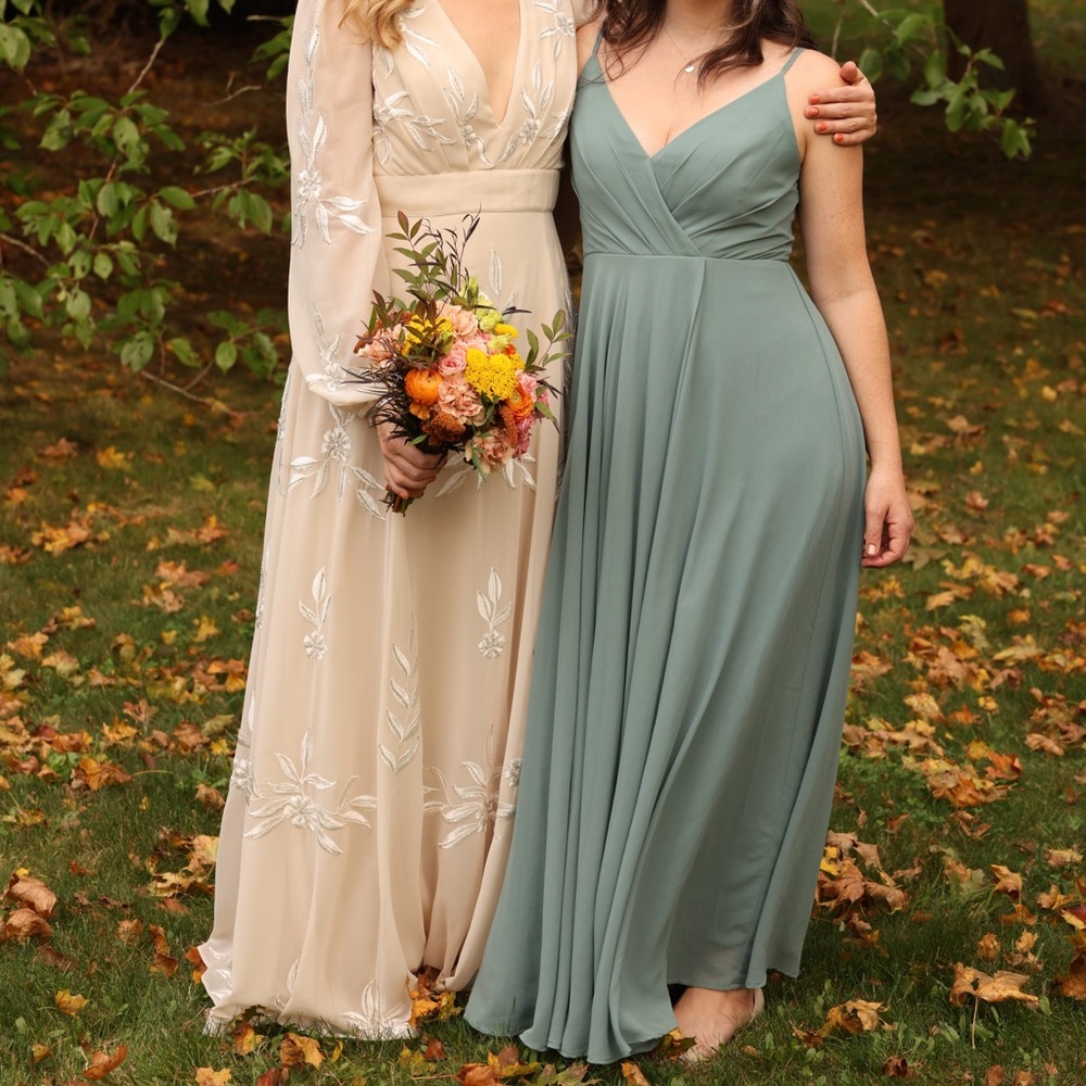 BHLDN bridesmaids dress in moss